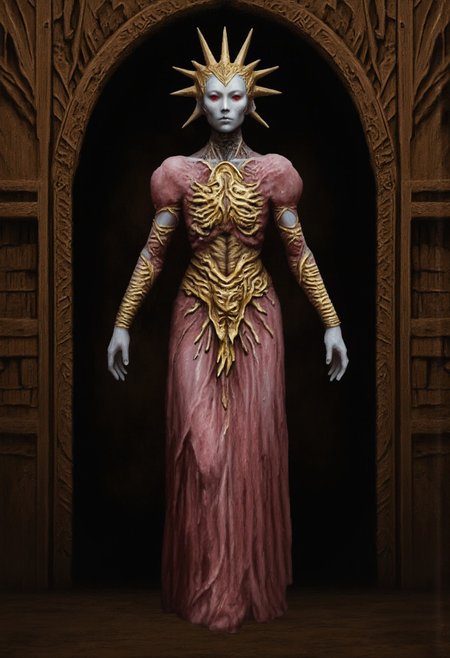 b3rs3rk macro lens d4concept pov, 3D01S, simple background d4artstyle atmospheric and powerful MikeFranchinastyle dark fantasy, natural organic and first person pov of a berserk style creature in the Tsutomu Nihei style 
Regal alien empress, full body portrait, standing in ornate wooden doorway. Pale gray skin, stern expression, red eyes. Golden spiked crown radiating from head like sun rays. Elaborate costume: dusty rose puffy sleeves, intricate golden chest piece with organic patterns. Visible ribcage and abdominal muscles, giving biomechanical appearance. Lower body draped in flowing rose-colored fabric with golden ornamental belt. Forearms wrapped in golden, spiraling bracers. Hands at sides, long fingers. Setting: dark interior with wooden bookshelves visible in background. Framed by carved wooden archway with intricate designs. Color palette: dusty rose, pale gray, rich gold against dark brown background. Photorealistic rendering with surreal elements. Lighting: soft, dramatic from front, emphasizing texture and form. Cinematic composition, straight-on view, symmetrical framing. Style blend: high fantasy meets biomechanical horror. Texture detail: polished metal, soft fabric, intricate carvings, alien skin. Atmosphere: regal, otherworldly, slightly menacing
UHD letterboxed game trailer frame chromatic aberration dark atmosphere sharp masterpiece with a focus on the character, elden ring style, dark atmosphere,