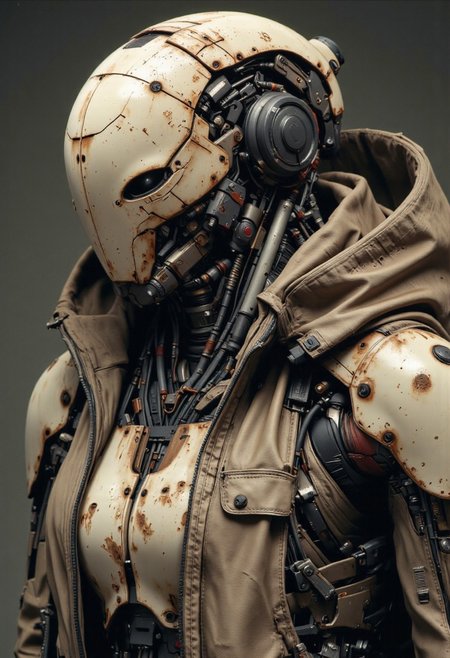 A desolate Slender apoclypse Robot, Upper Body Shot, high Quality, perfect essembled, Closeup of The head, intricate mechanical Details