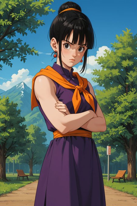 zPDXL3,  <lora:chichi_pony_v2:.4>,
chi-chi, bangs, black hair, sidelocks, hair bun, black eyes, single hair bun, earrings, orange neckerchief, purple dress, sleeveless, looking at viewer, serious, standing, arms crossed, outside, park, trees, blue sky, mountain,