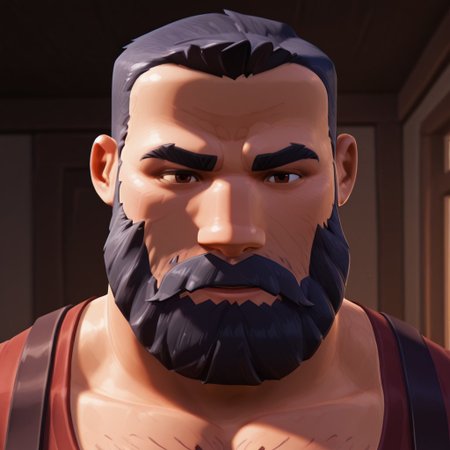 john, solo, male focus, older male, bara, chubby, facial hair, beard, brown eyes, short hair, hairy, arm hair, muscular, red shirt, chest hair, suspenders, mustache, brown shorts, tattoo, belt, short sleeves, thick eyebrows, black hair, brown boots, face shot, close up, portrait,
