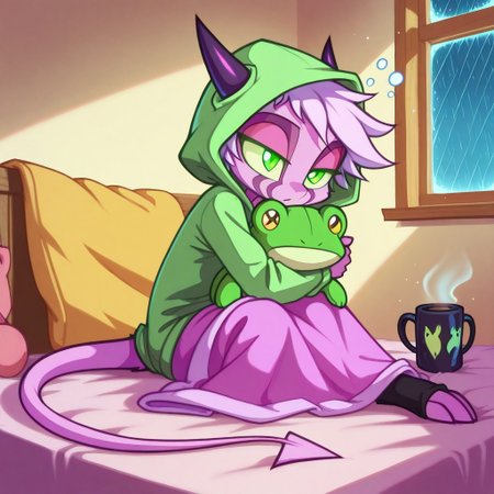 Dreamkeepers,1girl,Prelude_Namah,solo,furry,demon tail,source_furry, green eyes,horns, 
child, kid,
oversized_hoodie, frog_hood, hugging_plushie, blanket_nest, rain_window, mug_of_hot_chocolate, socks_pulled_up, sleepy_expression