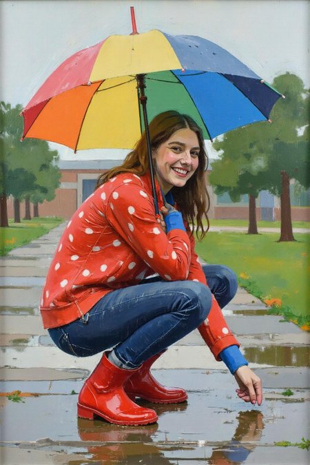 euanuglow1 painting. 
A young woman, angled from slightly above and to the right, crouching low to the ground in a puddle. The young woman is wearing bright red rubber boots and a red jacket with white polka dots. The jacket sleeves are pushed up to reveal blue cuffs. The young woman also wears dark blue jeans and has a smile on her face as she extends her right index finger to touch the water in the puddle. Above the young woman is a large, open umbrella with rainbow-colored panels and a red handle. The ground is wet and paved with grey stones, reflecting the sky and umbrella. The background is slightly blurred, showing hints of green grass and trees. The lighting is overcast and diffused, typical of a rainy day. <lora:euanuglow1_cap_d6aee11:1.0><lora:845539448658660669:0>