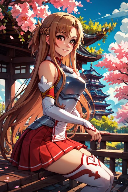 score_9, score_8_up, score_8, medium breasts, (curvy), cute, eyelashes,       BREAK, , zzAsuna, asuna (sao), long hair, brown hair, brown eyes, braid, very long hair,  thighhighs, bare shoulders, detached sleeves, armor, white thighhighs, breastplate, red skirt,   <lora:Asuna_SAO_PDXL_v3:0.8>,, BREAK, sitting on bench, side view, smile, looking at viewer, cowboy shot,  BREAK, pnkBldng, sky, day, cloud, tree, blue sky, building, architecture, east asian architecture,  BREAK, embedding:zPDXL, Expressiveh,  <lora:PinkBuildingsPDXL_v2:0.6>,  <lora:SDXLFaeTastic2400:0.5>,  <lora:Expressive_H-000001:0.4>