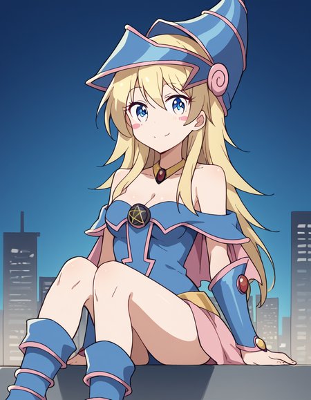score_9, score_8_up, score_7_up, source_anime, <lora:kou-yagami-s2-ponyxl-lora-nochekaiser:1>, kou yagami, long hair, blue eyes, blonde hair, medium breasts,, <lora:dark-magician-girl-cosplay-ponyxl-lora-nochekaiser:1>, dark magician girl cosplay, dark magician girl (cosplay), bare shoulders, blue footwear, blush, blush stickers, cleavage, collarbone, duel monster, hat, off shoulder, pentacle, wizard hat,, outdoors, cityscape, sitting, smile, blush, cowboy shot, looking at viewer, , dutch angle, cowboy shot