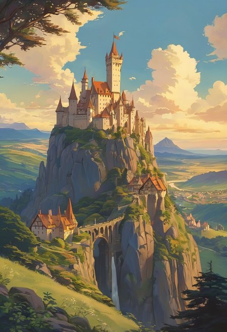 (studio ghibli drawing), (studio ghibli painting),best quality, masterpiece, extremely detailed,  professional  art,  professional painting, an extremely delicate and beautiful, dynamic,  great lighting, perfect shading, professional shading, depth of field,   side soft light, elegant, gorgeous, highly detailed,   full shot, uncropped,   pure genius, absolutely perfect,  highly detailed, breathtaking,  a giant and sheer cliff face featuring a waterfall with an epic Germanic walled castle built on top of the cliff, a walled city with many buildings lays in the fields below, fantasy, sunset