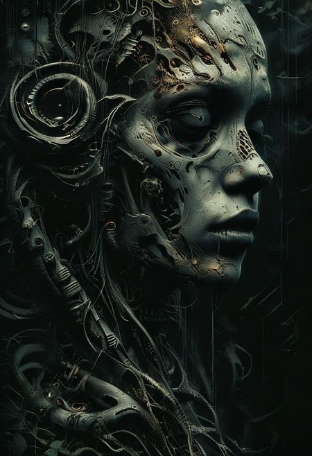 Kelemvor the Lord of the Dead, God of Death, Judge of the Damned, cyborg, robot, scify, deus ex machine, skeletons the background,
ecstasy of insects and decayed leaves, snakes and worms, tormented pain spiraling into an endless abyss, aura of necromancy, 
scary,  beauty, horror, the most beautiful form of chaos, elegant, a brutalist designed, mysterious atmospheric, 
full body, highly detailed face, 
art by Carne Griffiths and Wadim Kashin,
best quality, masterpiece, photo realistic, highly detailed, approaching perfection, dynamic, cinematic