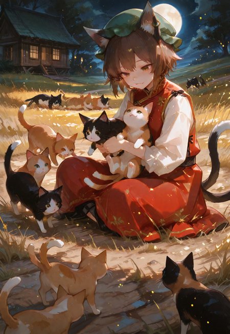 masterpiece, best quality, amazing quality, very aesthetic, absurdres, newest, highres, 4k,8k,Ultra HD, extremely detailed,
1girl, chen, 
brown hair, short hair, brown eyes, cat tail, two tails, cat ears, fang, mob cap, green hat, single earring, red dress,
girl_with_cats, cat,  animal,  holding animal,<lora:girl_with_cats:0.6>,multiple cats, catss running, cats jump,girl surrounded by many cats, holding,
love, dynamic pose,
sitting on ground,
grass field,
(a wooden house in background:0.8),
night, moon, soft lighting, 
close up, very close-up shot,
spotlight, light particles,
748cmstyle, usnr, luminescent color