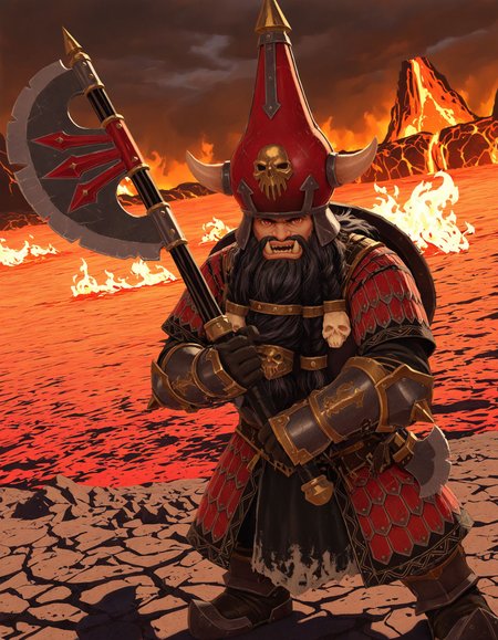 masterpiece, good quality, best quality, solo, 2d, anime, dutch angle, fire, lava, dark clouds, 
chorfwarrior, armor, 1boy, solo, beard, helmet, holding axe, two-handed,  looking at viewer, frown, red eyes, tusks,
 <lora:ChaosDwarfWarrior_Vpred:0.6>