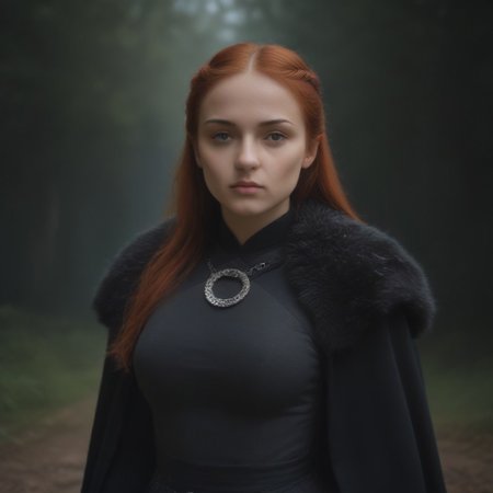 masterpiece, best quality, SansaStark, 1girl, solo, long hair, red hair, (blue eyes), beauty, grey dress, fur trim, cape, upper body, <lora:SansaStark_illustrious_Leaf2:1>, forest, outdoors, round breasts, breasts together, medium breasts,