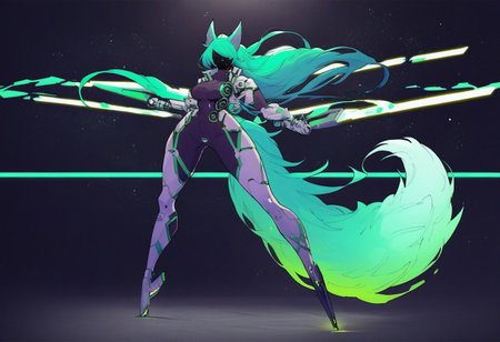 score_9, score_8_up, score_7_up, high quality, detailled suit, detailled background,
space background, full body, stars, explosion, solo,
1girl, scratazon, helmet, bodysuit, teal hair, long hair, fighting stance, cyan fur, fluffy tail, busty, wide hips,
large breasts, standing, closed mouth, looking at viewer, lazer blade, spaceship,