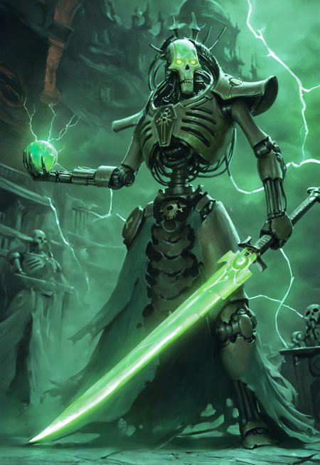 holding ranged weapon((realistic)))solo alone, skull metallic face((warhammer necron)))warhammer necron) robotic skeletal warriors, necrons, undead, alien race, Warhammer 40,000((masterpiece,best quality)),<lora:Necron_Lord:0.8>, detailed robot face, glowing eyes,  Necron, 1boy, holding, weapon, glowing eyes, lightning, green glow, <lora:Necron_Architecture:0.5>,  electricity, green glow, green theme,score_9, score_8_up, score_7_up, necron, robot, green energy, wh40k holding sword, armor, science fiction, mecha, Perspective shot
from above,
 <lora:Necron_race_WH40K:1> 
 <lora:Concept Art DarkSide Style LoRA_Pony XL v6:1> concept art, realistic, dark theme, low light, realistic metallic shine, ((reinforce skeletal arms and legs), (((full body view)))w4rh4mm3r style oil painting, outstanding masterpiece(highly detailed patterns on armor)Perspective shot, watercolor \(medium\), traditional media, realistic,, 