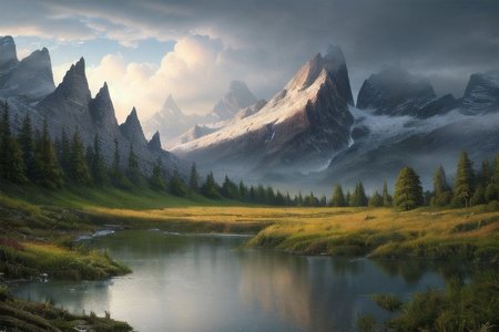 RAW photo, (masterpiece:1.3), subsurface scattering, heavy shadow, (high quality:1.4), (intricate, high detail:1.2), professional photography, HDR, High Dynamic Range, realistic, ultra realistic, photorealistic, high resolution, film photography, ambient lighting, atmospheric effects, <lora:detail_slider_v4:2>, OverallDetail, epic medieval fantasy, cloudy sky, day, fanmou, forest, mountain, nature, outdoors, reflection, sky, water, <lora:Fantasy_Mountains:1>, epiCPhoto