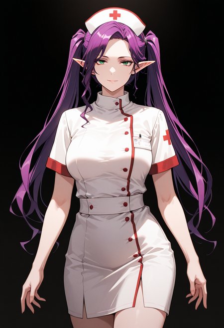 masterpiece, best quality, highly detailed, ultra-realistic, score_9, score_8_up, score_7_up, score_6_up,
1woman, solo, sporty female, mature girl, big woman, warrior women,  Imina, slim, elf, twintails, long face, nice skin, long hair, purple hair, green eyes, looking at viewer,
aesthetic, nurse uniform, classy, elegant, stylish,
tall woman, nice hips, detailed eyes, detailed face, empty hands, (cowboy shot),
fit, toned, stands proudly, outdoors, (black background:1.2), <lora:Imina_Overlord:1.5>