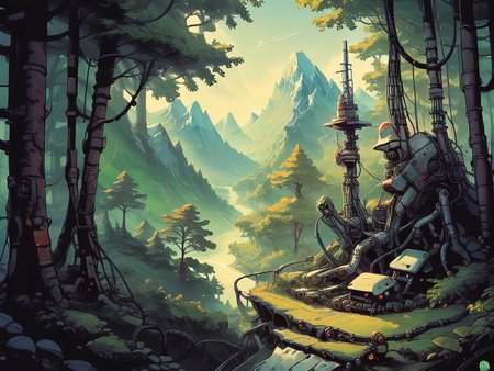 score_9, score_8_up, score_7_up, score_6_up,  <lora:cyb0rgXLP:0.8> cyb0rg, science fiction, cable, mechanical parts, forest, scenery, mountains