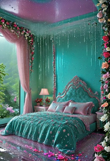 Light mood masterpiece photography, realistic, realistic photograph, crystal chandelier, lava lamps, rain inside bedroom, bedroom floor is water, flowers, trees, indoors, pond, swet flowers, glitter flowers, damp, pond inside bedroom, luxurious bedroom, bedroom, lots of jewelry, widescreen TV, gaudy, jewelry, flowers in hair,  Lisa Frank inspired, rainy scene indoors, fancy furniture, Lisa Frank colors, green dress, Lisa Frank inspired, vanity, makeup collection, bedazzled platform shoes, large shoe collection, maximalism, green and blue and pink, purple, flowers on bed, maximalist bedroom, soft rug, neon rug, bedroom like bedroom from Howl's Moving Castle, beaded curtains, crystal room decor, lots of clothes, 2000s, fuzzy beanbag