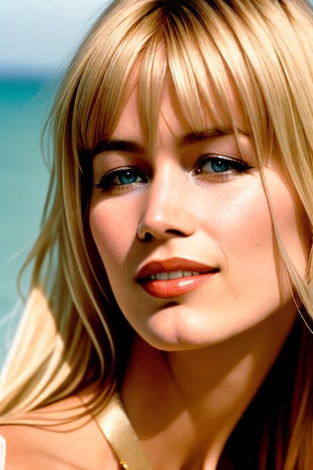 photo of (90s blonde supermodel CL4UD1A5) smiling, (long hair with bangs, eyeliner makeup, eyeshadow:1.2), ((posing in  bikini)) in the beach, full body, extremely detailed, Playboy centerfold, Playmate, 8k, Intricate, High Detail, Sharp focus, modelshot, hasselblad,(film grain, vivid colors, film emulation, kodak gold portra 100, 35mm, canon50 f1.2)