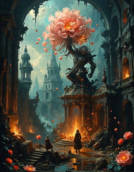 retro-futuristic (pestilence-lord with viral aura emitter:1.2), spinning dual axes in crisscross defense pattern, steam_blast, Fungal war memorial depicting mycelium treaties,  rains of blooming ice flowers, fruit ripening accelerating time locally,Quantum leap second midnight with time glitches, Canopies of floating lotus pods broadcasting radio waves,
<lora:tbh297-sdxl:0.15>,
<lora:tbh124-sdxl:0.15> style of Jean-Antoine Watteau,
<lora:tbh189-sdxl:0.3> style of Hieronymus Bosch
<lora:add-detail-xl:0.7>,
<lora:extremely_detailed:0.7> extremely detailed,
<lora:Flux-XL_Scenery:0.15> flux-scenery,
<lora:Flux-style-xl-lora:0.15> flux-style
<lora:1dkXLP:0.15> 1dk,
<lora:PainterlyFantasiaFlux:0.15> Digital painting style,
8K resolution, ultra-detailed cinematic composition, contemporary concept art style, volumetric magical atmosphere with ethereal glow, rich complementary color palette, vivid gradients and chiaroscuro contrast, dynamic perspective with layered depth of field, inspiring awe-inspiring mood, Unreal Engine 5 render quality, intricate textures, flawless anatomy, rule of thirds composition, luminous highlights, surreal ambiance, award-winning illustration, harmonious balance of light and shadow, photorealistic details, ArtStation trending, chromatic accents, nostalgic futurism, dreamlike serenity, bold creativity, professional finish, sharp focus, ambient background, fascinating dynamic motion,, Baroque art style, dynamic composition, dramatic lighting, rich colors, intricate details, professional-grade execution, captures the grandeur and theatricality of the Baroque period, Apocalyptic surrealism art style, digital painting, eerie and haunting, surreal landscapes, dystopian ruins, twisted reality, dreamlike and nightmarish scenes, vibrant and dark color palette, intricate details, professional-grade execution, evokes a sense of doom and otherworldliness . vintage sci-fi, 50s and 60s style, atomic age, vibrant, highly detailed
