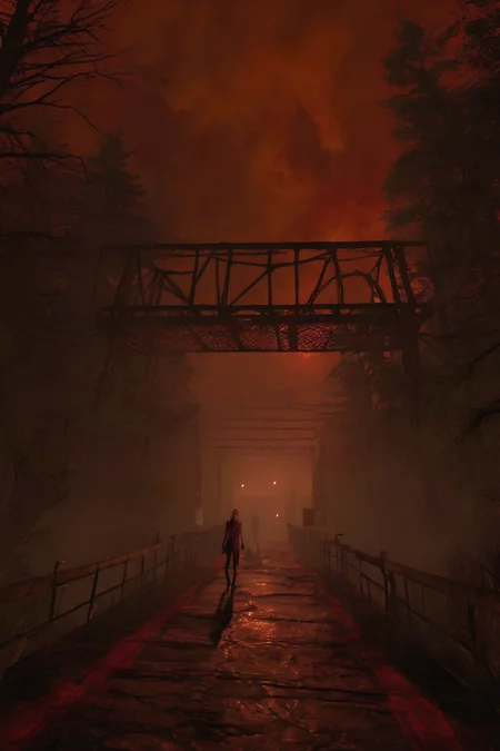silent hill style, zombie, horror \(theme\), end of the world, blood, outdoors, night time, forest, outdoors, darm, ultra quality, high quality, ray tracing, fine details, fog, foggy , bridge<lora:silent_hill_xl:1>
