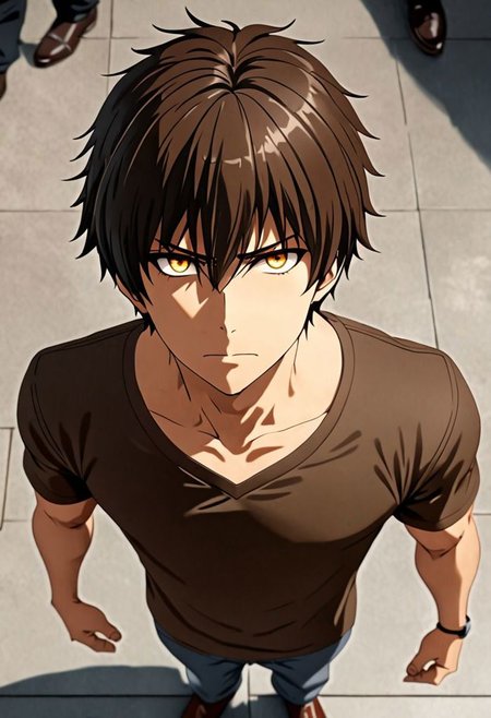 Highres, Masterpiece, High Quality, 4K, 8K, solo, 1Boy, Seiya Kanie, short dark brown hair, golden eyes, standing, straight facing upwards, casual, seen from above, arrogant face, dominant, intimidate, easynegative, detailed_eye_model