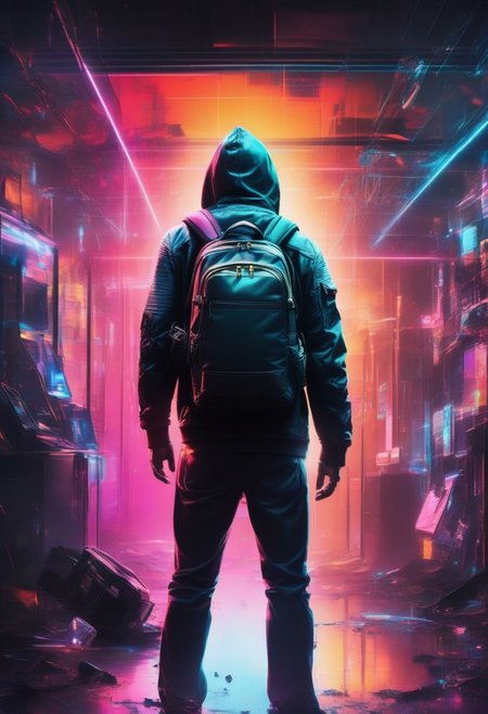 ((masterpiece,best quality)), absurdres, 
solo, 1boy, standing, jacket, male focus, pants, hood, bag, from behind, backpack, broken glass, neon lights, blurry background,