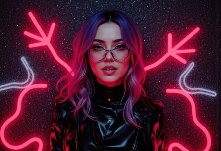 Upper body shot of a sensual seductive Synth-Wave queen, elegant purple and hot-pink hair with cyan tips, looking at the camera, cute metallic cyan glasses with translucent bright salmon-pink lenses, approaching perfection, dark black make up, gothic style, dynamic, highly detailed, digital painting, halo rings, artstation, concept art, smooth, sharp focus, illustration, black and white colours, (art by Carne Griffiths and Wadim Kashin), goth outfit, (black and dark red painted background), metal and leather top, grin, elegant glamour magical pose with the hands towards the sky, infinite space beautiful background, seducing expression, seducing head pose, visually balanced and centered composition, yellow bird energy contrast around the hair and behind the body
Insane resolution, insane details.
Intensely staring at the viewer. Life-like details. Cinematic. Dramatic. Dynamic. Extremely refined lines and and shapes. Extremely refined details on objects. Sharp details. Wide range of colors. Many details everywhere. Ray-Tracing. Anti-Aliasing. Realistic soft shadows. Low saturation colors. Insane quality. Insane resolution. Insane details. Masterpiece. 32k resolution. Everything brought to the absolute extreme for a dramatic effect. Composition wallpaper-like, optimized for 16:9 vision, subject centered far from edges.