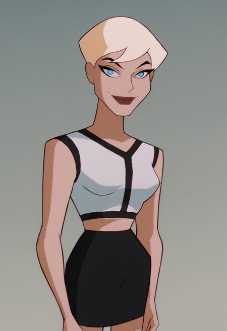 <lora:ChelseaBatmanBPony1.0:1> chelsea, 1girl, solo, blonde hair, short hair, white shirt, blue eyes, lipstick, black skirt, score_9, score_8_up, score_7_up, score_6_up, score_5_up, score_4_up, looking at viewer, hand on own hip, cowboy shot,simple background, smile,