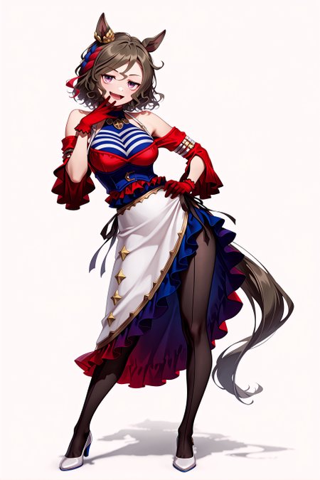 1girl, solo, tap dance city \(umamusume\), horse girl, horse tail, 
red gloves, bare shoulders, dress, multicolored skirt, layered skirt, frills, white skirt, black pantyhose, white footwear, pumps, 
jitome, seductive smile, open mouth, 
standing, contrapposto, hand on own mouth, hand on own hip, 
white background, 
full body, looking at viewer, <lora:tapdancecityillv2:0.9>, 
masterpiece, best quality, amazing quality, very aesthetic, absurdres, highres, newest, <lora:xl_saturation_slider:0.1>, <lora:add-detail-xl:1>, <lora:illustriousXLv01_stabilizer_v1.164:0.4>, <lora:reduce_wrinkles_illstriouosv0.1_ADDifT_2_in_1_v1.2:0.9>,