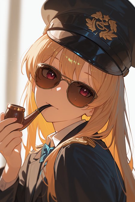 masterpiece, best quality, absurdres, safe
1girl, smoking pipe, mouth hold, peaked cap, sunglasses, 
<lora:smoking_pipe_detective_il_1_d16:1>