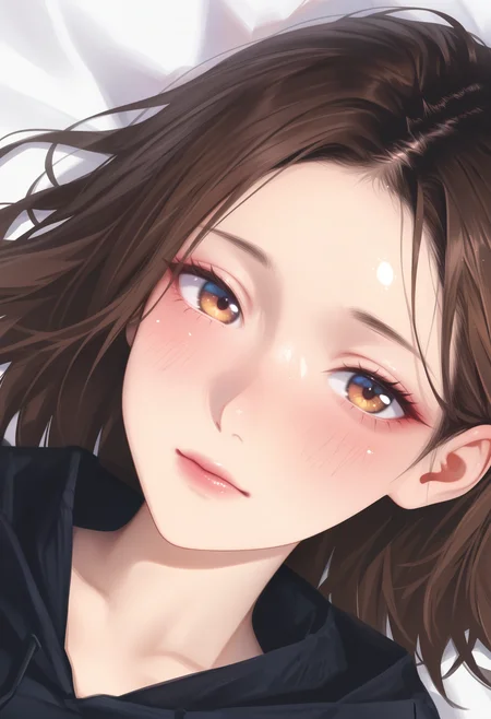 watercolor, lldn, detailed drawing, masterpiece, best quality, good quality, newest, highres, cinematic, volume light, close up, vibrant, blacklight, looking at viewer, from above, 1girl, medium hair, brown hair, hair to side, brown eyes, forehead, eyerliner, black robe, lies on back, calm face,