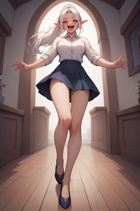 score_9, score_8_up, score_7_up, score_6_up, BREAK long legs, sexy, beautiful woman, perfect face, perfect eyes, pale skin, gogalking, <lora:gogalking 1024 6:0.7>, ponytail, ((white hair)), pointy ears, red eyes, long hair, elf, eyebrows visible through hair, looking at viewer,(laughing:1.5), blush, dynamic pose, wide angle view, full body shot, indoors, white shirt, collared shirt, skirt,