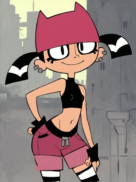 <lora:TiffPony1.0:0.8> tiff, 1girl, black hair, mascara, ear piercing, short hair, short twintails, solo, smile, pink cat hat, black eyes, black crop top, black fingerless gloves, navel, pink shorts, striped thighhighs, standing, looking at viewer, score_9, score_8_up, score_7_up, score_6_up, score_5_up, score_4_up,flat chest, covered nipples, outdoors, hand on hand on own hip,