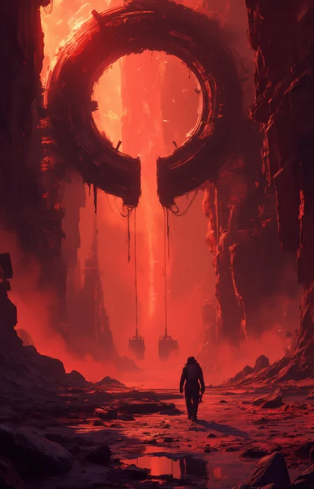 digital art, a futuristic or sci-fi setting with a character in a spacesuit walking towards a large circular portal or gateway. The environment is filled with fiery red and orange hues suggesting a volatile or dangerous atmosphere.  <lora:MJanime_Flux_LoRa:1> <lora:- Flux1 - the_edgy_mech_V1.0-step00003400:.4>