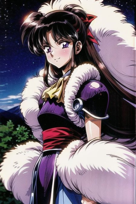 best quality 1girl Setsun4 solo long hair,  (night time) forest background black hair very long hair purple eyes multicolored hair armor, small, (fur trim) (medium body),<lora:EMS-179-EMS:0.800000>,<lora:EMS-293862-EMS:0.800000> bow, hair_bow, hair_tubes, red_bow, brown_hair, long_hair, bangs, ascot, frilled_bow, yellow_ascot, blush, smile, hair_between_eyes, athletic, armor, miko,  Smiling, happy,