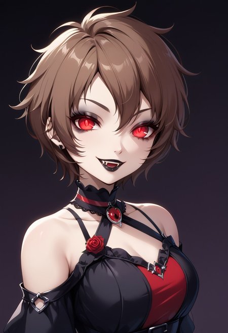 score_9, score_8_up, score_7_up, score_6_up, (haaru),concept art, digital artwork, highly detailed, sharp focus, portrait, araip5x, brown hair, short hair, messy hair, <lora:princess_xl_v2:0.3>, <lora:VampirePonyLora:0.9> vampire, red eyes, glowing eyes, fangs, <lora:Gothic:1>, GothicC, makeup, black lipstick, mascara, black nails, gothic dress, black dress, red dress, covered shoulders, fishnet, half closed eyes, smug, evil smile, dark background