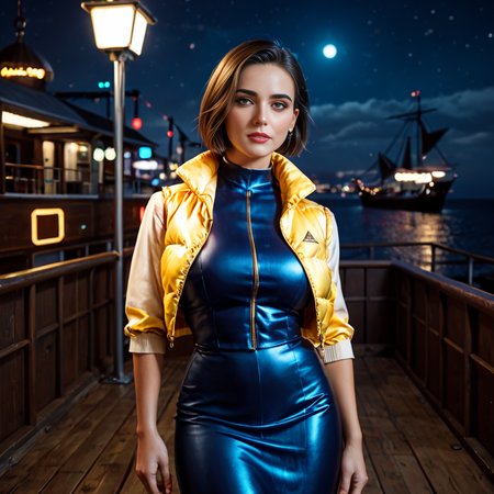 score_9, score_8_up, score_7_up,  professional 40 year old irish girls wearing (blue and gold  cropped_puffer_vest_neon jacket),Bob haircut  unique hair style, sexy, fully dressed, (satin dress)  dramatic lighting, blushing, , after a long day of work,  at night, dark,ship scene
 <lora:pony_cropped_puffer_jacket:0.4>