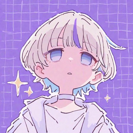 masterpiece, best quality, good quality, very awa, firedotinc, 1girl, solo, todoroki hajime, hololive, virtual youtuber, todoroki hajime (1st costume), purple background, white outline, thick outlines, white theme, film grain, sparkle, grid background, white grid, surreal, empty eyes, muted color, pale color, <lora:ai_styles_collection_noob_vpred-1.0-v4.02:1>