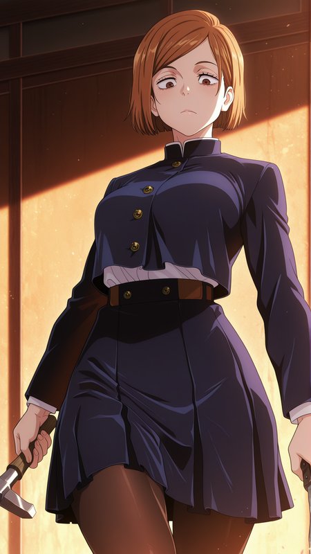masterpiece,best quality,amazing quality, 1girl, solo,  <lora:IlluNobara:1> illuobara, short hair, brown hair, brown eyes, school uniform, skirt, pantyhose, jacket, holding hammer
