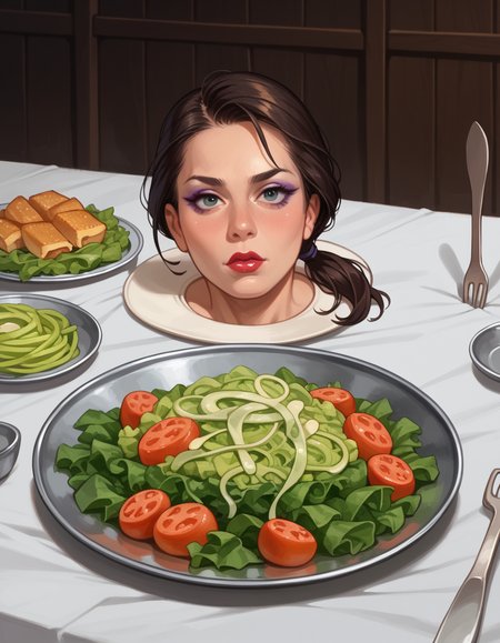 score_9, score_8_up, score_7_up, score_6_up, score_5_up, score_4_up, , solo, 1girl, Low Ponytail with a Twist, makeup, lipstick, hud_h3ad_platt3r, table, tray, severed head, <lora:headonaplatter:1>, knife, fork, spoon, salad, food