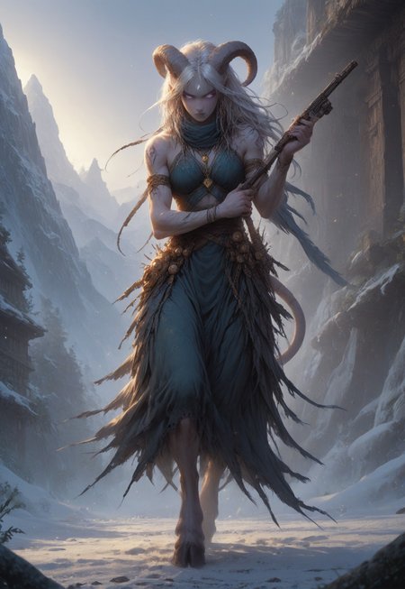 (absurdres, best quality, masterpiece:1.4), score_9, score_8_up, score_7_up, score_6_up, detailed, detailed body, detailed face, world of warcraft, fantasy, <lora:add-detail-xl:1.5>, 

fFaceDetail, SkinDetail, ((female, draenei, tall, athletic arms, pale white skin, long white hair, purple eyes, no pupil, no sclera, long white tail), (h0rns, ram horns, white horns), 
(long fingers, purple fingernails, purple nail polish), hooves),  

GunMonk, shotgun, holding shotgun, dynamic pose, 

(long loose blue dress, blue silk scarf, tail under dress, simple armlet, small yellow gem pendant), 

outdoors, mountains, temple, snow, evening