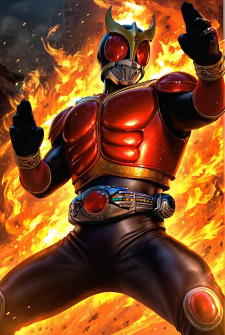 score_9,score_8_up,score_7_up,best quality,ultra-detailed,high resolution,digital painting,8k,1boy,solo,cowboy shot,male focus,bara,detailed face,helmet,tokusatsu,armor,belt,bodysuit,gloves,fighting stance,fire,spread legs,feet out of frame,<lora:add-detail-xl:1>,<lora:Kamen Rider Kuuga:0.8>,kamen rider kuuga,