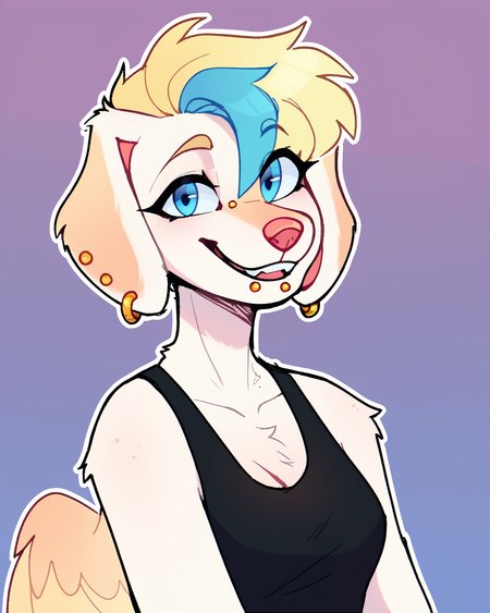 score_9_up, score_8_up, score_7_up, score_6_up, by remanedur, half-length portrait, female, blue eyes, blue highlights, dog, blonde hair, bridge piercing,  multicolored hair, tail, medium breasts, short hair, earrings, white fur, black tank top, green pants, wings, chin piercing, ear piercing, floppy ears, looking at viewer, head tilt, solo, happy, smile, three-quarter view, simple background, white outline,  <lora:Leah_Pines(AIM)_XL_v1:0.15> <lora:PDXL_artist_tags_v2_big:0.5> <lora:The-Minuscule-Task_PDXL_v1.0:0.6>  <lora:Aspen_VibeStrike:0.65>