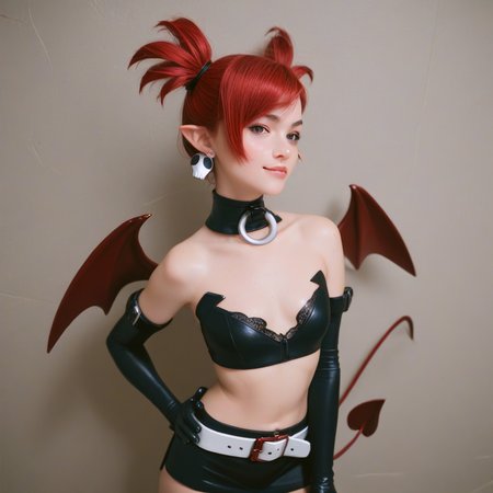 score_9_up, score_8_up, score_7_up, (masterpiece), (best quality), (ultra-detailed), (very aesthetic:1.2), intricate details, perfect composition, absurdres,
1girl, solo,  Etnaxl,red hair,evil grin,mini wings,smug,short twintails,
gloves,jewelry,choker,thighhighs,black elbow gloves,belt,miniskirt,bangels,bare shoulders,midriff,bra,skull earrings,demon tail,
standing,  hand on hip, 
wasteland,dawn,<lora:Etna:1>,
<lora:a2:0.7>, a2_\\(nier:automata\\), <lora:43stl1ght1ngXLP2:0.5>, 43stl1ght1ng, <lora:Expressive_H-000001:0.8>, expressiveh, <lora:d3t41l3dXLP:0.5>, d3t41l3d, <lora:add-detail-xl:1>, zPDXLrl