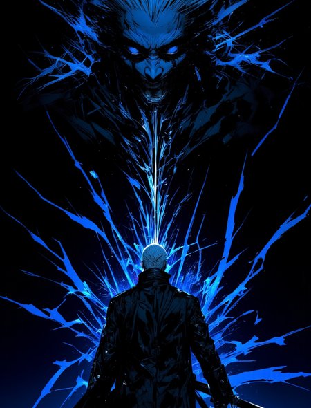 masterpiece,  <lora:lora:0.7> ,dmc5vergil, black coat, fingerless gloves, a cinematic shot of a katana strike,a burst of blue energy in the form of linear rays,Minimalistic black background,an evil face illuminated from the bottom up, <lora:ImageUpgraderV2:1> ,detailmaximizer, <lora:FluxMythP0rtr4itStyle:1> ,mythp0rt,close-up of a slashing blow from top to bottom,