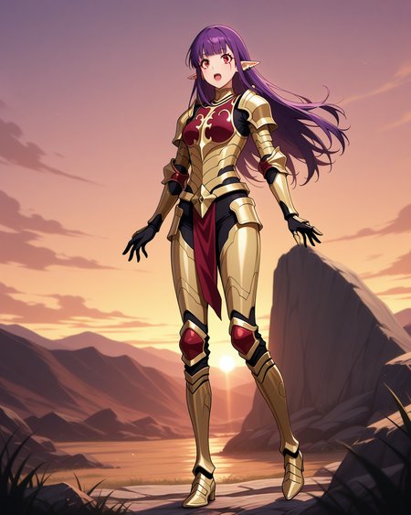 (golden armor armored boots bodysuit:1.50), 
sl-esil, red eyes, purple hair, blunt bangs, ear rings, ear piercings
medium breasts, 1girl, (solo:0.60), (skinny:0.8),
(masterpiece, highres, ultra-detailed,very aesthetic, best quality, absurdres, high quality, highres), 
excited,
full body,
(feet:0.90), 
BREAK,
sunset outdoors,
,
long hair sidelocks
<lora:sl-esil-V03-illXL-000002:0.80>