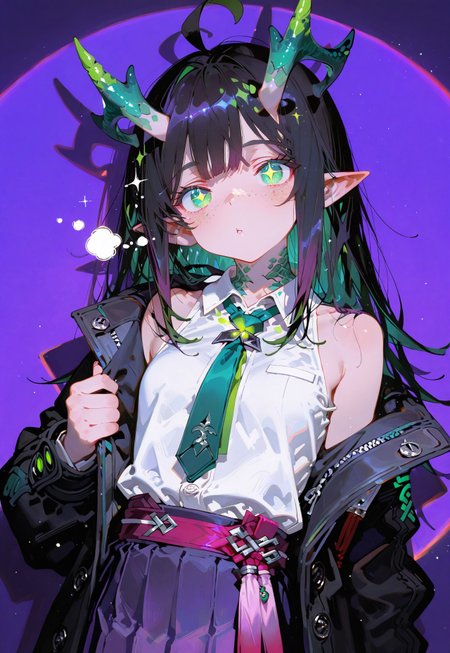 looking at viewer,bust shot

Sleepy

1 girl,petite,loose unruly messy hair,messy bangs,black hair,green accents hair,fair skin,dragon horns,green eyes, sparkling eyes,freckles,ahoge,pointy ear

Large Black coat with green accent,coat hanging sleeves,white sleeveless buttoned shirt tucked in,green tie, exposed shoulder,dark purple skirt,

Color background, bright purple background,(shadow:1.2), light from front,glimmer, [scales design], sparkling,(analgylph:1.5),(spotlight:1.2),(purple hue:0.8),(colors green glowing:1.3)

Cunnystyle,748cmstyle,Smooth_Quality,masterpiece,best quality,amazing quality, aesthetic,(vibrant colors:1.7),(bold lines:1.3),(saturated:1.6)