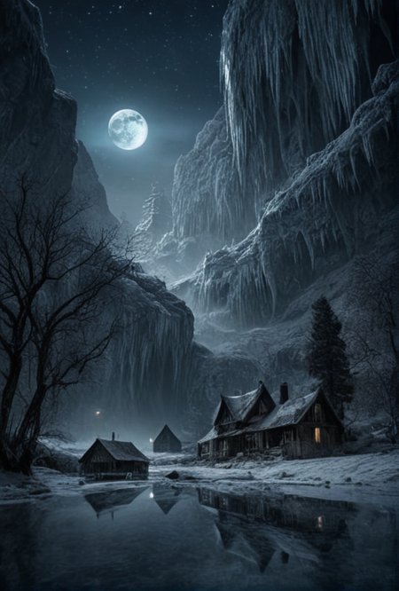 (a legendary Northern Village made completely of Ice,Houses,intricate details,brilliant milky way visible in sky,ancient trees,bats,fog, masterpiece, best quality, waterfalls, Lake,Inside Caves)(wolf howling at the moon in the background) (true black point)(extreme depth of field)(perfect sharpness)
<lora:LCM-LoRA-XL_V1:0.21>
<lora:SDXLHighDetail_v5:0.3>   
<lora:Surreal Harmony:.9> Surreal Harmony <lora:JuggerCineXL2:.9> Movie Still, Film Still, Cinematic, Cinematic Shot, Cinematic Lighting