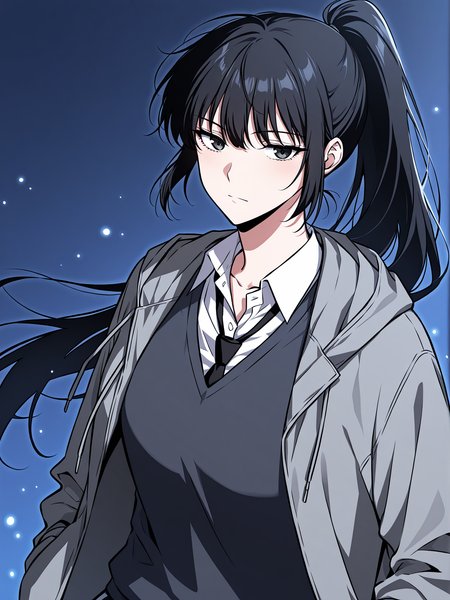 <lora:Omniscient_Readers_Viewpoint__Lee_Jihye:1>
1girl, solo, long hair, black hair, tied hair, high ponytail, black eyes, messy bangs, 
gray hoodie, school uniform, white shirt, black tie, dark gray sweater vest, navy blue track pants, white stripe pants, white sneakers, casual and uniform mix, layered clothing,
score_9, score_8_up, score_7_up, score_6_up, source_anime, rating_explicit, masterpiece, best quality, intricate details, gothic fantasy, upper body portrait, dramatic pose, confident gaze, cinematic lighting, clean background, glowing magical particles, detailed face, vibrant colors
