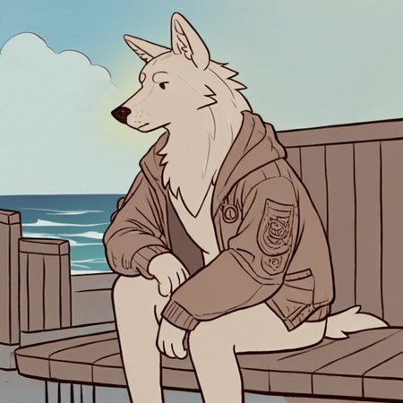 source_furry,  dog wearing a brown jacket sitting on a bench, ocean in background, sunny, day, blue sky, <lora:Test 1:0.7>, score_9, score_8_up, score_7_up,