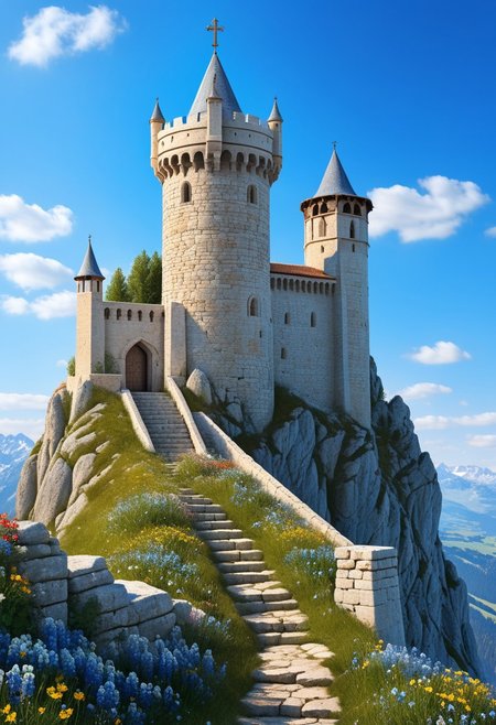 a  crusader watchtower on a (tall rock spire),  (13th Century:1.5), a stairway to the keep, doorway, very wide shot, fantasy, blue sky, alpine meadow flowers, best quality, masterpiece, realistic, photo-realistic, amazing, finely detail, ultra-detailed, highres, extremely detailed, 8k wallpaper