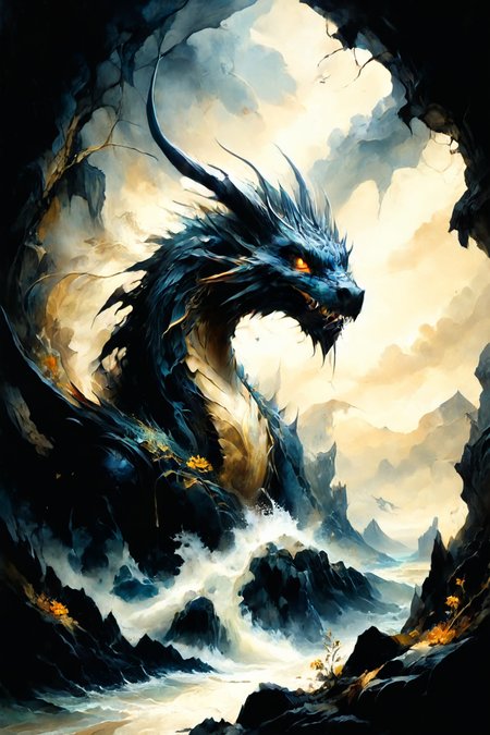 Detailed digital portrait of a  <lora:Classic Western Dragons XL:0.7> dragon at a Rocky coastline with hidden sea caves, <lora:Ethereal_Grace:0.7>,  <lora:ParchartXL-1.5:0.7> on parchment,  <lora:xl_more_art-full_v1:0.5>, <lora:ral-elctryzt-sdxl:0.8> ral-elctryzt